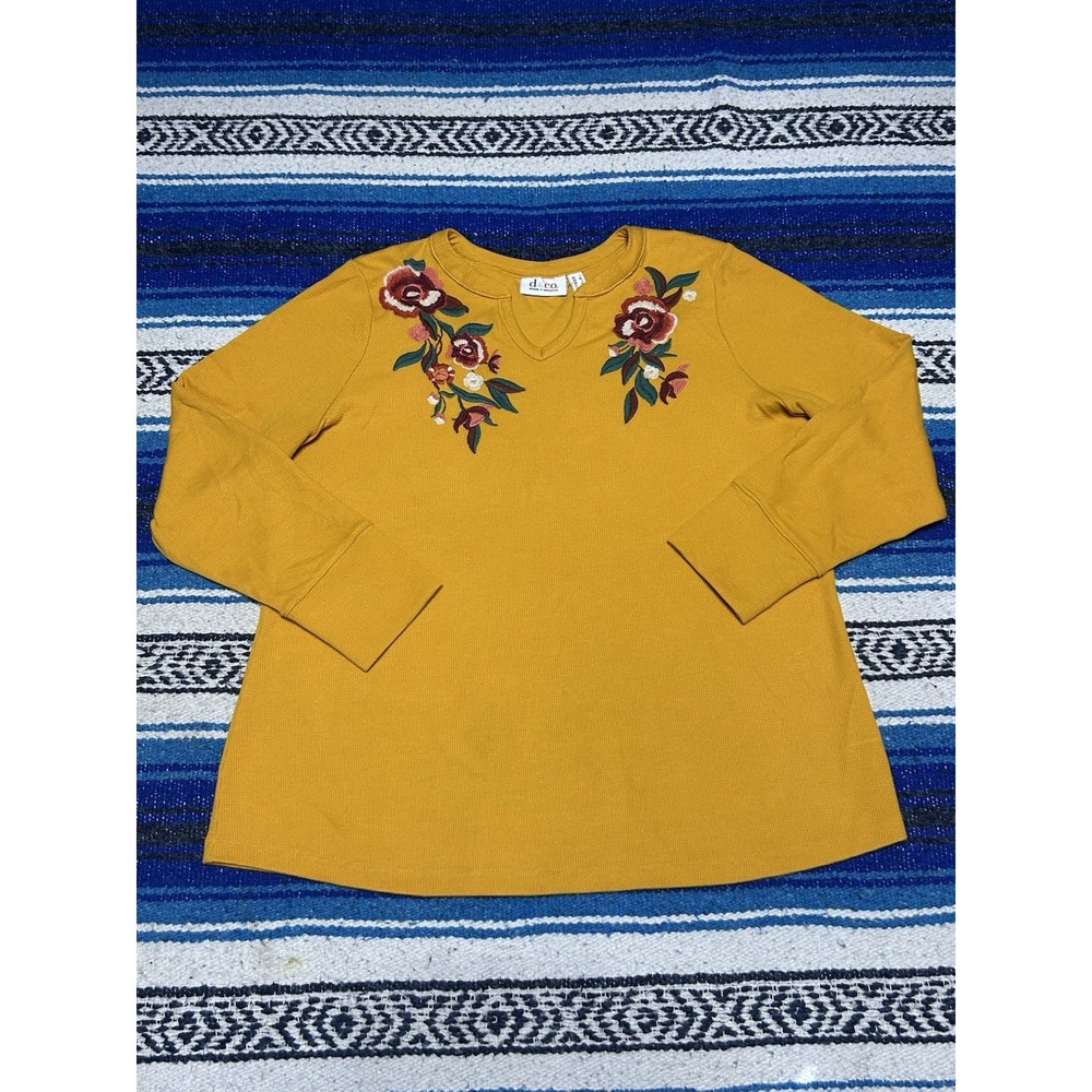 Denim & Co Womens Large Gold Floral Embroidered Long Sleeve Thermal Top